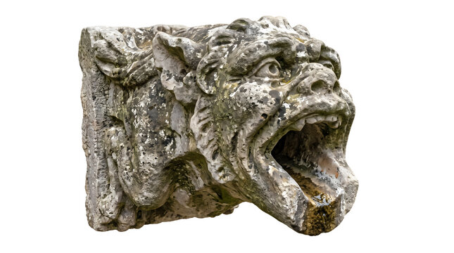 Weathered stone gargoyle sculpture showcasing mythical creature head architectural.