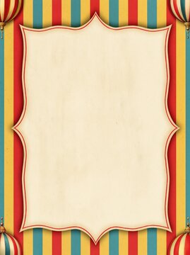 Vintage circus invitation template with colorful striped background and decorative border