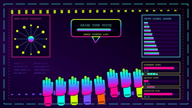 A community poll interface displays vibrant digital hands raised in a stylized graphic grid as data streams across the dark screen for collective public engagement