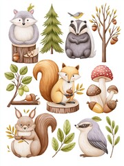 Fototapeta premium Charming Watercolor Woodland Creatures and Autumn Elements Collection for Children's Designs