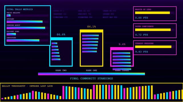 A community poll dashboard displays complex data visualizations with neon light bars and shifting graphical statistics in a virtual interface designed for tracking digital user metrics