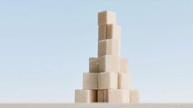Neat stack of white sugar cubes build a precarious tower against a light blue background in a studio shot