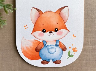 Fototapeta premium Adorable Watercolor Fox Cub Wearing Blue Overalls, Surrounded by Gentle Floral Elements and Soft Orange Splatters