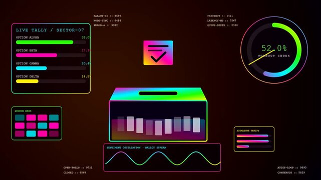 A digital community poll interface displays streaming voter turnout metrics with fluctuating waveform graphs and vibrant gradient charts inside a virtual dark room viewing screen