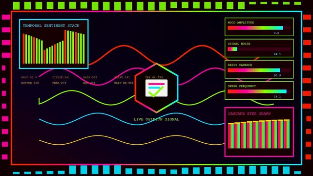 A digital community poll visualization presents shifting data metrics through luminous graphical bar charts and flowing light wave patterns across three separate computer interface screen panels