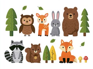 Fototapeta premium Charming Forest Animals and Trees Collection, Ideal for Children's Books and Nature Themes