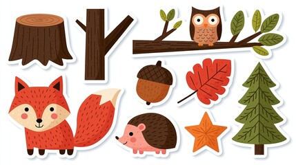 Fototapeta premium Cute Woodland Forest Animals and Nature Elements Sticker Set for Children's Designs