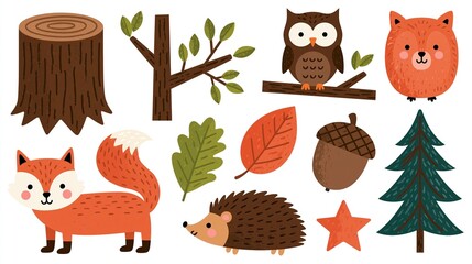 Fototapeta premium Charming Woodland Creatures and Autumn Elements Illustration with Fox, Owl, Hedgehog, and Bear