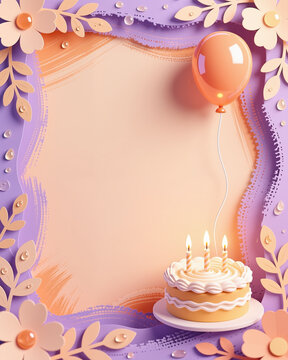 Ethereal birthday scene with pastel hues and delicate floral accents, featuring a small cake with lit candles and a matching peach balloon, set against a dreamy purple and peach backdrop.