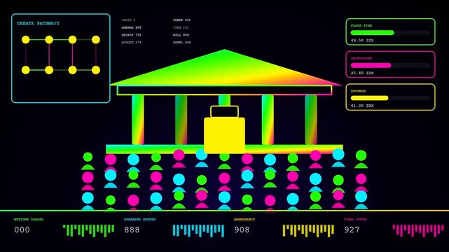 A digital community poll visualization presents multiple interactive data panels featuring glowing building icons with animated crowd silhouettes and scrolling bar graphs on dark screens