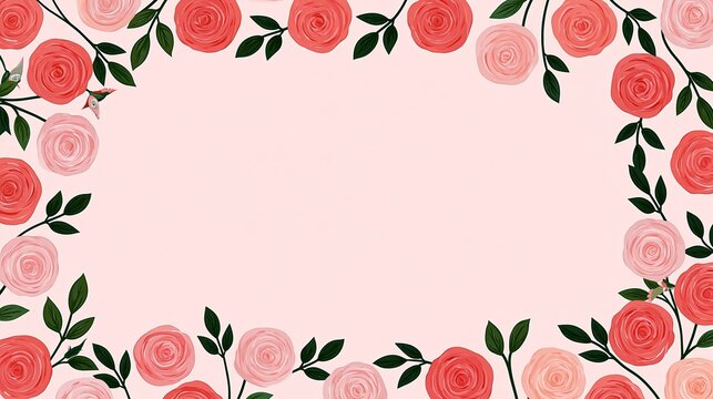 Delicate Floral Border with Pink and Coral Roses on Soft Pastel Background
