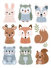 Fototapeta premium Adorable Woodland Creatures Collection: Cute Forest Animals Illustration for Children's Designs