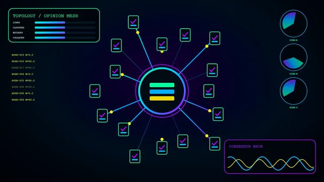A community poll dashboard displays moving digital nodes and data waves across three synchronized panels showing real time network activity and user statistics within a glowing interface