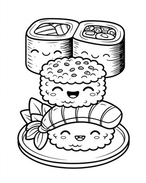 Cute Kawaii Sushi Character Illustration Black and White Line Art Coloring Page