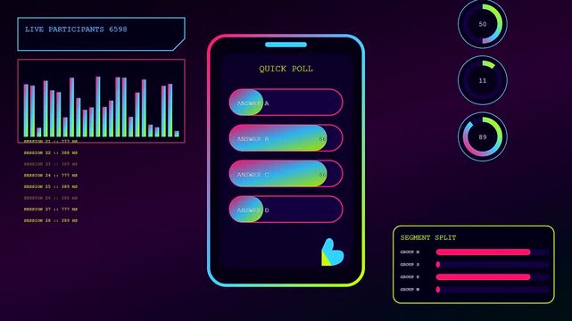 A community poll interface displays interactive graphs and data metrics on a glowing mobile device screen for real time audience engagement in this digital analysis