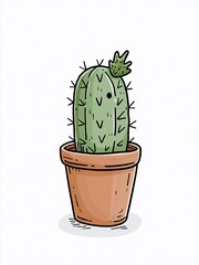 Obraz premium Cute cartoon potted cactus with a small sprout, isolated on white background, hand-drawn style