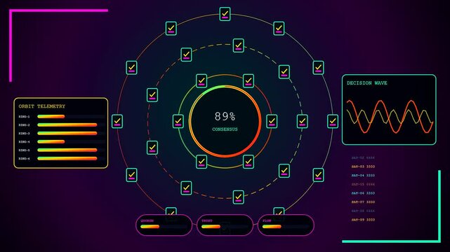 A community poll dashboard interface shows rising consensus percentages across three separate screens featuring circular radial gauges and glowing neon light graphical line waves in dark space