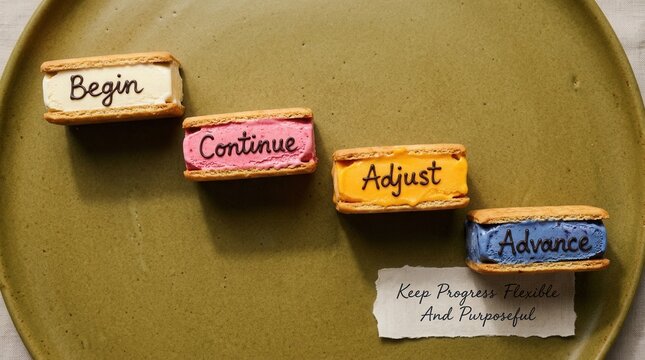 Four colorful ice cream sandwiches arranged like steps on a green plate representing business progress and growth with words begin continue adjust and advance to inspire success and career planning...