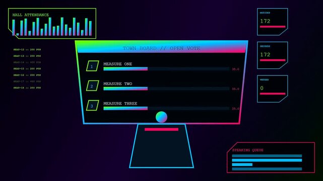 a community poll interface shows voting data trends on a digital display featuring glowing neon charts and dynamic bars shifting across three distinct screens