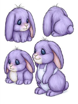 Adorable Set of Four Cute Purple Bunny Illustrations with Different Poses and Expressions