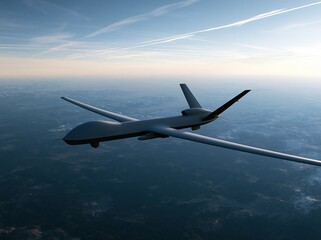 Naklejka premium Unmanned aerial vehicle flying high above the ocean under a clear sky with contrails