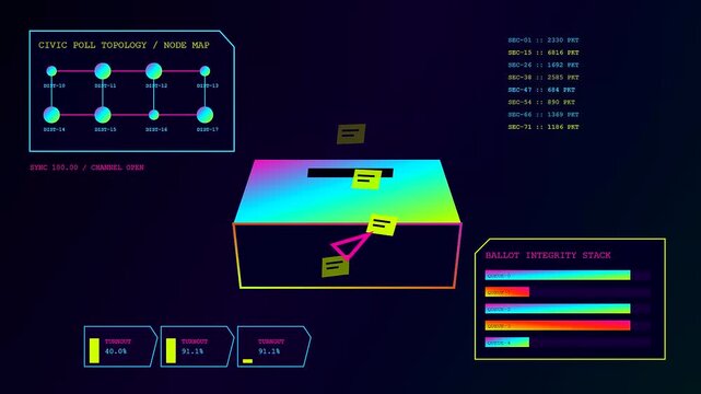 A community poll interface shows shifting digital data panels with glowing geometry and floating notes that cycle through changing metrics in this vibrant motion graphic display