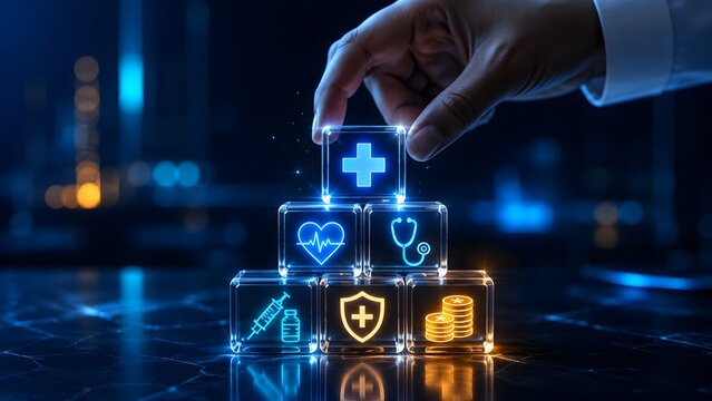 Hand stacking glowing glass cubes with medical icons representing health insurance and healthcare financial planning.