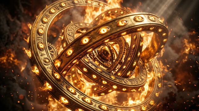 Biblical ophanim angel with wheels within wheels covered in glowing eyes. Ezekiel vision of celestial being engulfed in fire and smoke. Sacred geometry and divine prophecy concept
