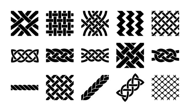 Celtic knot vector set, 15 black braided weave icons, geometric interlaced rope patterns, tribal knotwork border elements