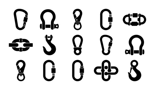 Industrial carabiner and shackle icons, 15 black metal hardware silhouettes, climbing gear and rigging equipment vector set