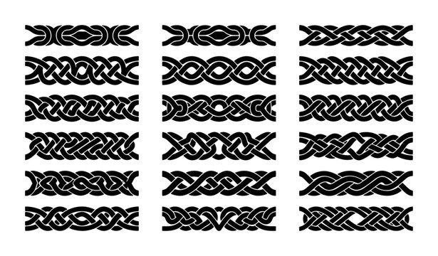 Celtic knot border collection, 18 black braided line dividers, traditional viking knotwork vector set for frames and tattoos
