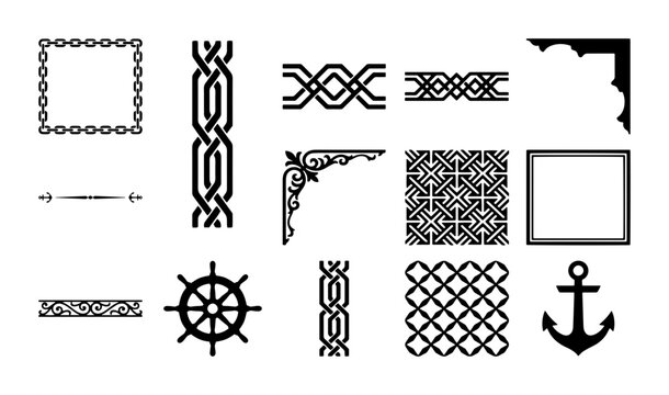 Nautical decorative elements set, black celtic knot borders and frames, vintage maritime anchor and ship wheel icons, vector ornaments