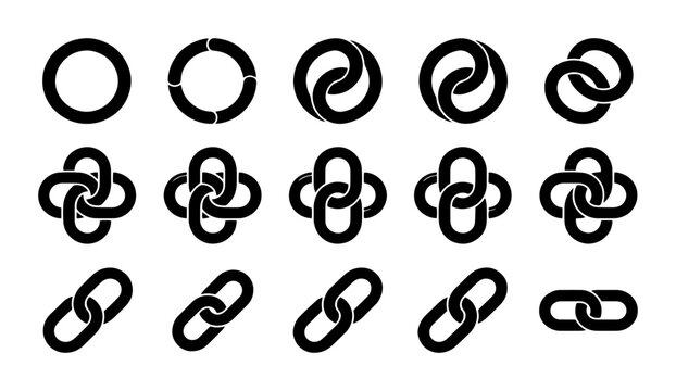 Minimalist chain link icons set, black geometric interlocking circle symbols, 15 professional connection vector elements for business branding
