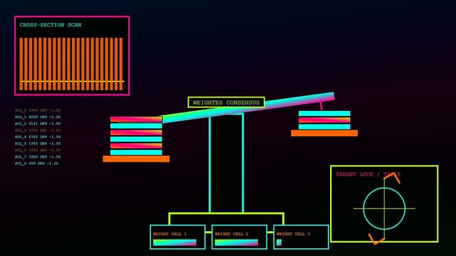 A community poll visualized through digital scales and glowing vertical bars representing shifting weights and balancing binary data on a deep dark void interface screen