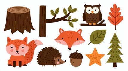 Naklejka premium Cute Woodland Forest Animals and Nature Elements Collection for Children's Designs
