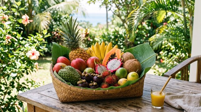 Fresh Tropical Fruits Basket on Outdoor Wooden Table