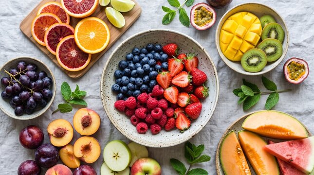 fresh assorted fruits and berries in bowls on a table