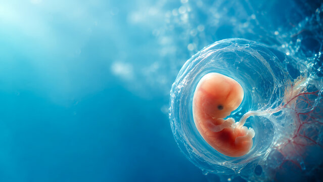 Early human embryo in amniotic sac, prenatal development, pregnancy, reproductive medicine and maternal health care view