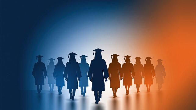 Diverse group of graduates in academic regalia walking forward, symbolizing achievement and future success