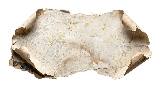Vintage aged parchment paper with blue floral damask patterns and torn cracked edges.