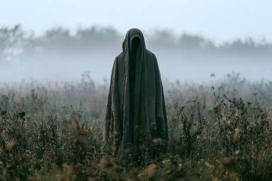 A mysterious figure draped in a dark hooded cloak stands silently in a foggy field.