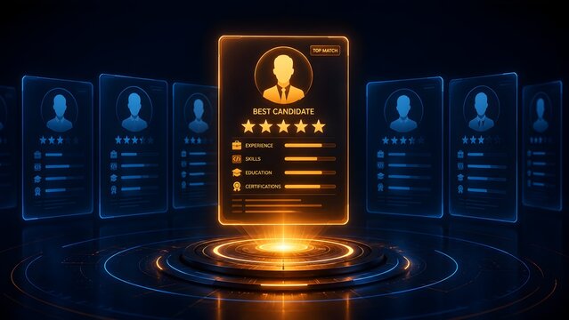 Artificial intelligence recruitment process showing a holographic projection of the best candidate profile with perfect skill match and five star rating