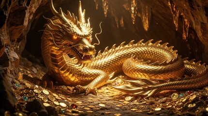 Naklejka premium Golden dragon rests on pile of coins and jewels inside dark cave. Mythical creature guards treasure hoard. Creature has orange eyes and scales.