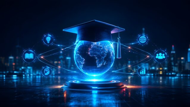 Global education network and futuristic learning platform concept with a glowing digital earth and graduation cap on a pedestal against a night city
