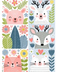 Fototapeta premium Cute Forest Animals and Floral Patterns in a Whimsical Cartoon Style