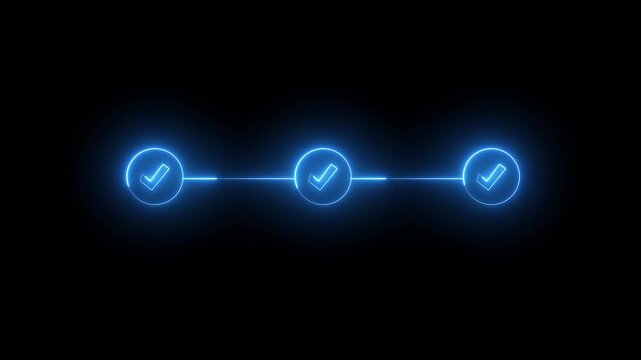 Glowing neon light 3 step infographic process with check mark icon animation. Neon bright step-by-step process and check marks. icon animation on black background with alpha.