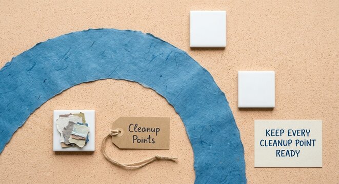 Professional workplace organization concept featuring cleanup points labels and instructional cards on a textured background ideal for lean management 5S methodology and industrial efficiency themes..
