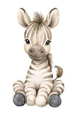 Naklejka premium Adorable watercolor illustration of a baby zebra sitting, perfect for children's books and nursery decor