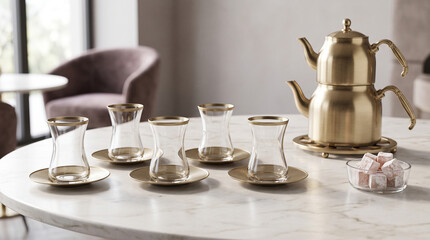 Fototapeta premium Elegant tea set with golden teapot on cafe table