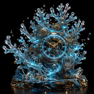 Stunning 3D crystal blue geometric clock with intricate design on black base.